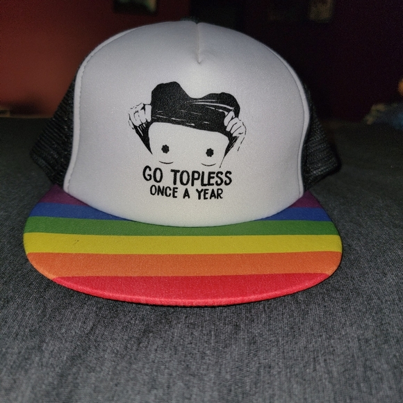 Snapback "Go Topless Once A Year" Pride Rainbow Trucker Hat - Picture 1 of 6